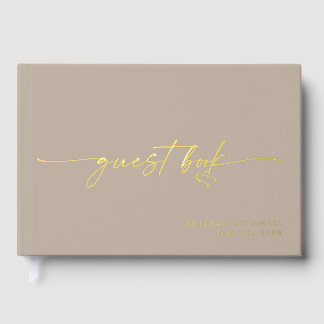 Modern Taupe Wedding Photo Calligraphy Script Foil Guest Book
