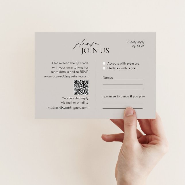 Modern taupe wedding RSVP card with QR code (Creator Uploaded)
