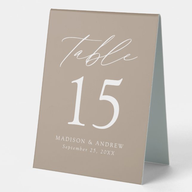 Modern Taupe Wedding Table Number Tent (Front)