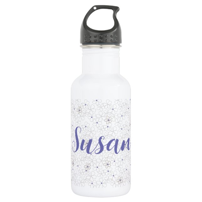 Modern Taupe White Flowers with Periwinkle Stainless Steel Water Bottle (Front)