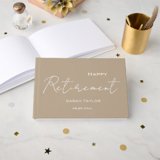 Modern Taupe White Happy Retirement Personalized Foil Guest Book