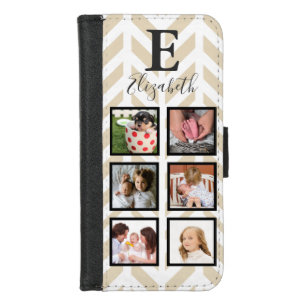Modern Taupe White Herringbone 6 Photo & Name iPhone 8/7 Wallet Case