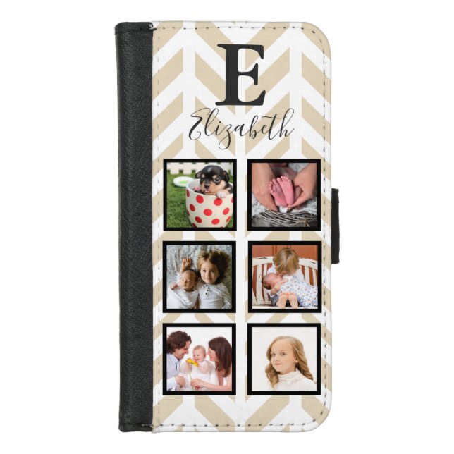 Modern Taupe White Herringbone 6 Photo & Name iPhone Wallet Case (Front)