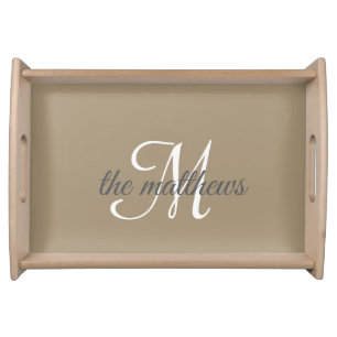 Modern Taupe & White Monogram Name Custom Serving Tray