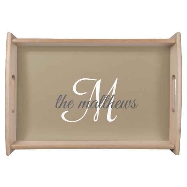 Modern Taupe & White Monogram Name Custom Serving Tray (Front)