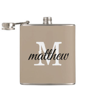 Modern Taupe & White Name Monogram Personalized Flask