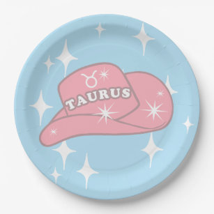 Modern Taurus Zodiac Cowgirl Hat Blue Party   Paper Plates