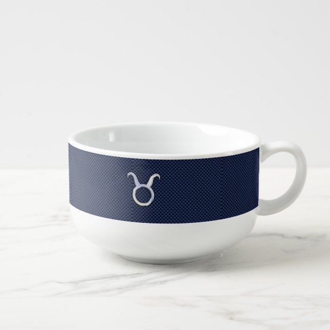 Modern Taurus Zodiac Sign Blue Carbon Fiber Print Soup Mug (Left)