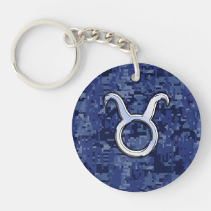 Modern Taurus Zodiac Sign Blue Digital Camouflage Keychain