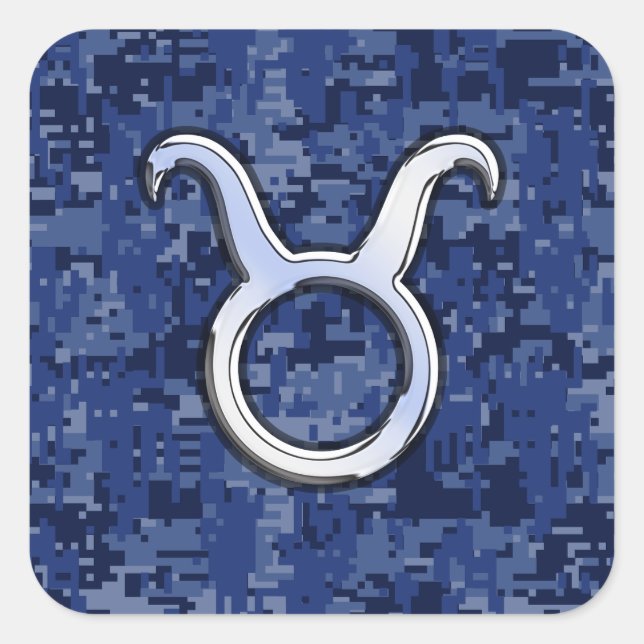 Modern Taurus Zodiac Sign Blue Digital Camouflage Square Sticker (Front)