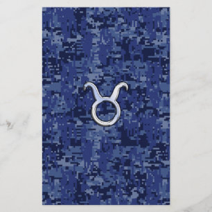 Modern Taurus Zodiac Sign Blue Digital Camouflage Stationery