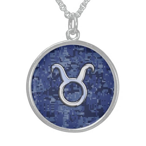 Modern Taurus Zodiac Sign Blue Digital Camouflage Sterling Silver Necklace