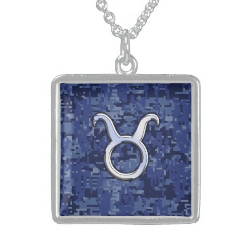 Modern Taurus Zodiac Sign Blue Digital Camouflage Sterling Silver Necklace