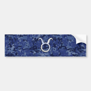 Modern Taurus Zodiac Sign Navy Blue Digital Camo Bumper Sticker
