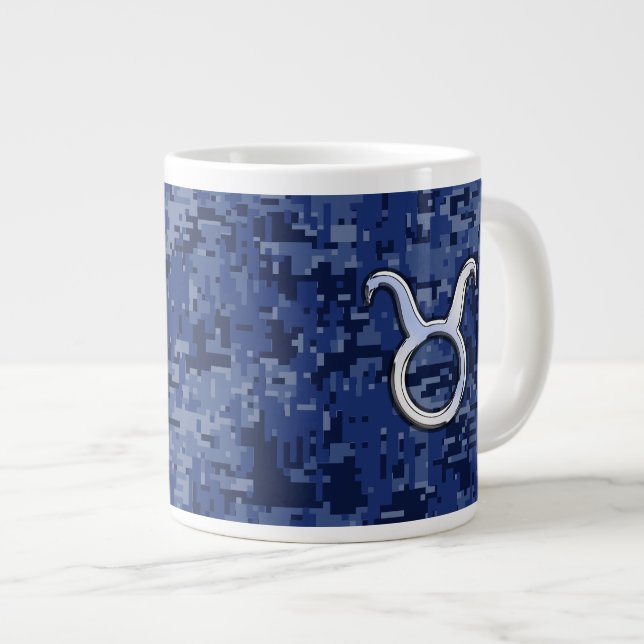 Modern Taurus Zodiac Sign Navy Blue Digital Camo Giant Coffee Mug (Front Right)