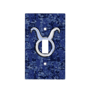 Modern Taurus Zodiac Sign Navy Blue Digital Camo Light Switch Cover