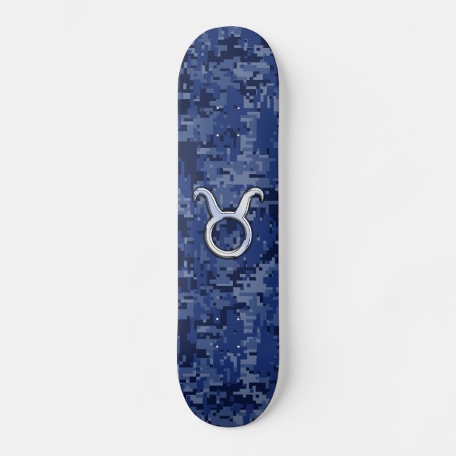Modern Taurus Zodiac Sign Navy Blue Digital Camo Skateboard (Front)