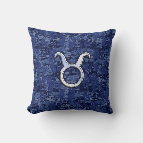 Modern Taurus Zodiac Sign Navy Blue Digital Camo Throw Pillow