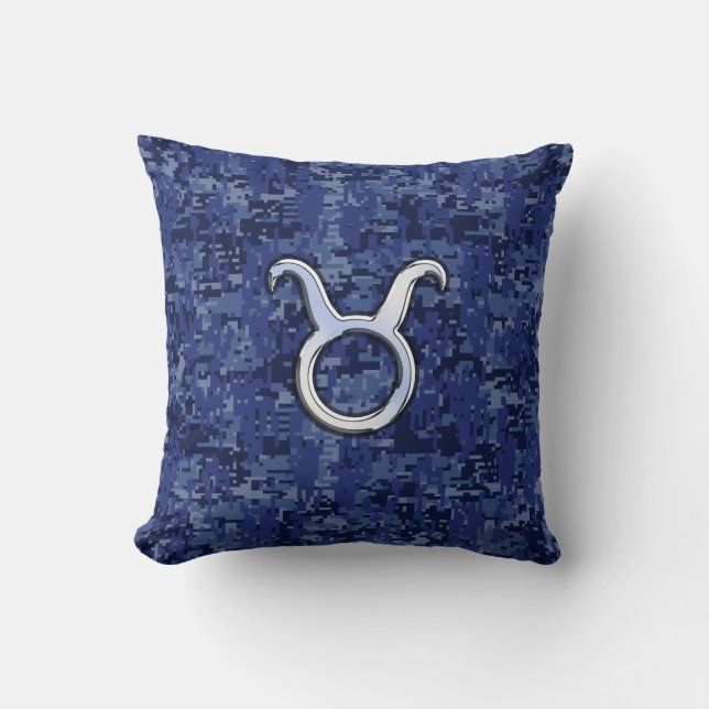 Modern Taurus Zodiac Sign Navy Blue Digital Camo Throw Pillow (Front)