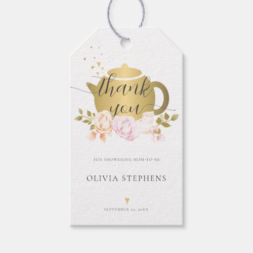 Modern Tea Party Gold Pink Roses Baby Girl Shower Gift Tags