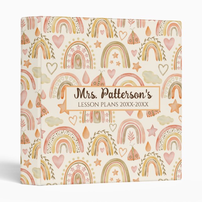 Modern Teacher Gift Earthy Boho Rainbows Hearts 3 Ring Binder (Front/Spine)