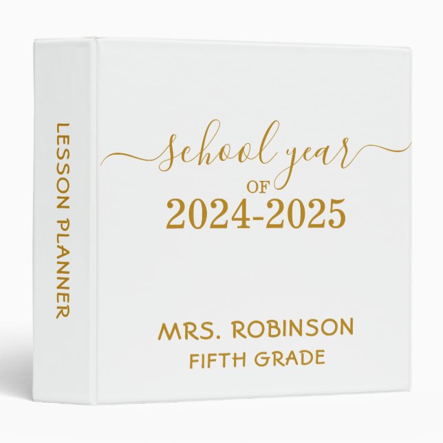 Modern Teacher Lesson Planner Gold Script Gift 3 Ring Binder (Front/Spine)