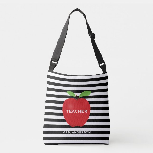 Modern Teacher Red Apple Horizontal Stripe Crossbody Bag (Front)