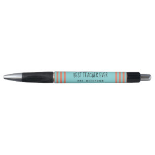 Modern Teacher Teal Orange Stripes Monogram Pen