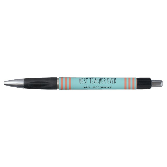 Modern Teacher Teal Orange Stripes Monogram Pen (Front)