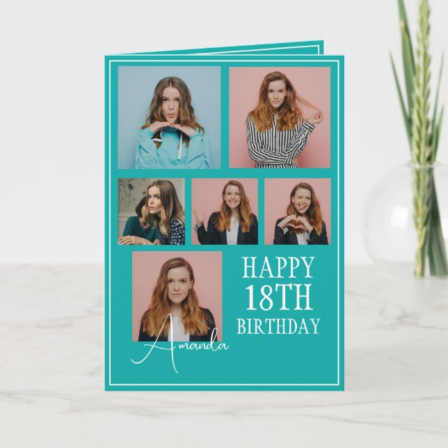 Modern Teal 6 Photo Collage 18th Birthday Card (Front)