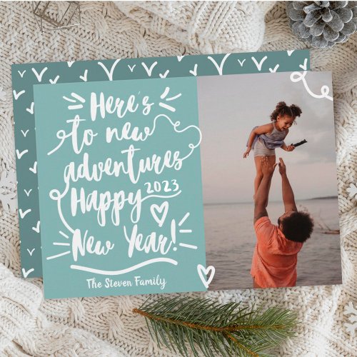 Modern teal adventure New Year photo Holiday Card