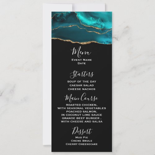 Modern Teal Agate  Gold Ribbon on Black Menu Invitation