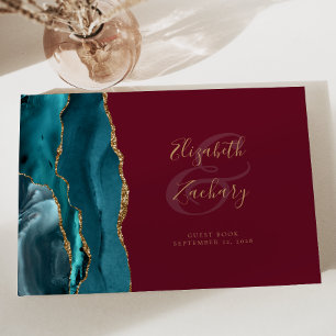 Modern Teal Agate Gold Script Burgundy Guest Book