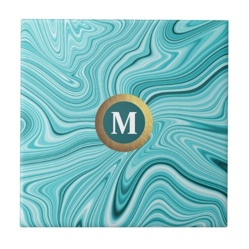 Modern teal agate monogram  ceramic tile