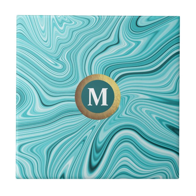 Modern teal agate monogram  ceramic tile (Front)