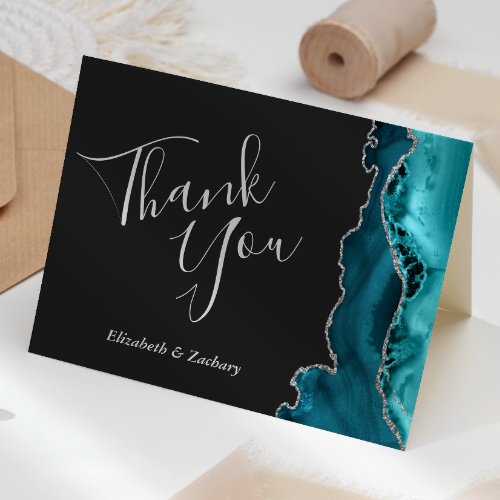 Modern Teal Agate Silver Dark Wedding Thank You Card