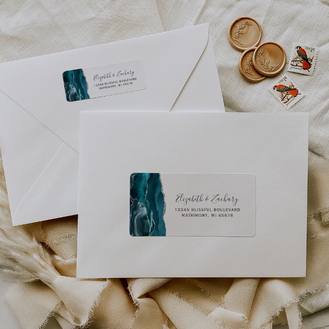 Modern Teal Agate Silver Wedding Return Address Label (Creator Uploaded)
