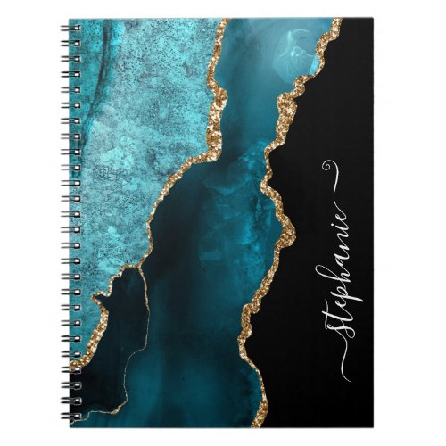 Modern Teal Agate Watercolor Gold Personalized Notebook