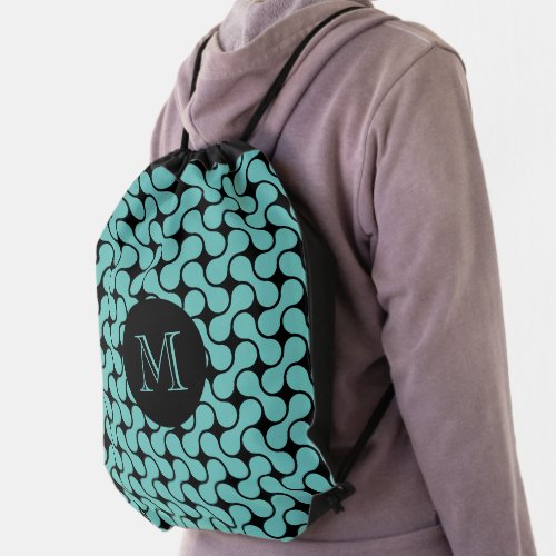 Modern Teal and Black Monogram Geometric Pattern Drawstring Bag