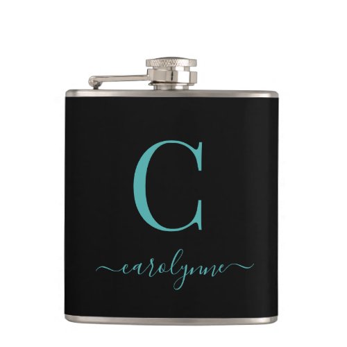 Modern Teal and Black Monogram Script Flask