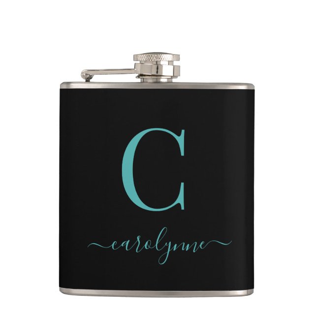 Modern Teal and Black Monogram Script Flask (Front)