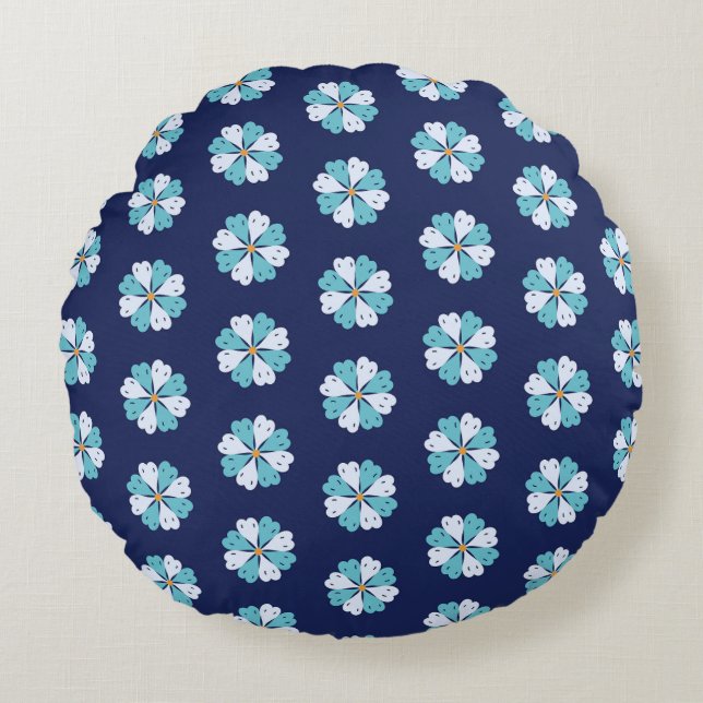 Modern Teal And Blue Floral Motif Round Pillow (Front)