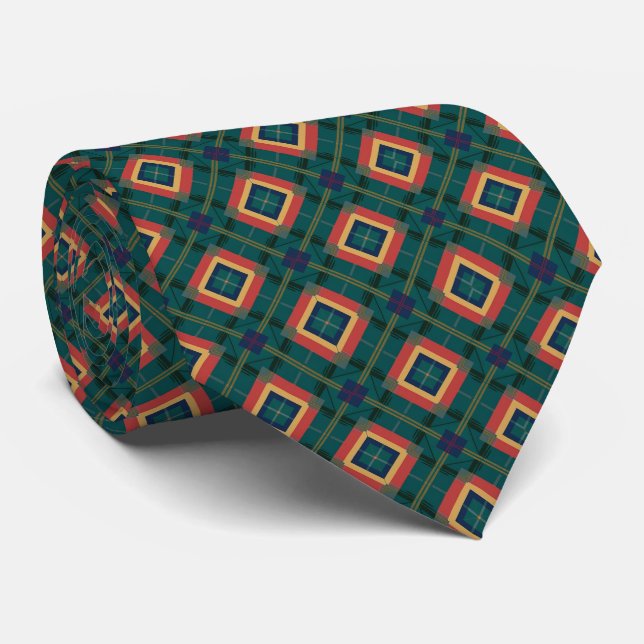 Modern Teal and Coral Geometric Diamond Pattern Neck Tie (Rolled)