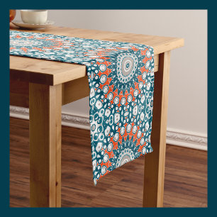 Modern Teal and Coral Mandala Pattern Medium Table Runner