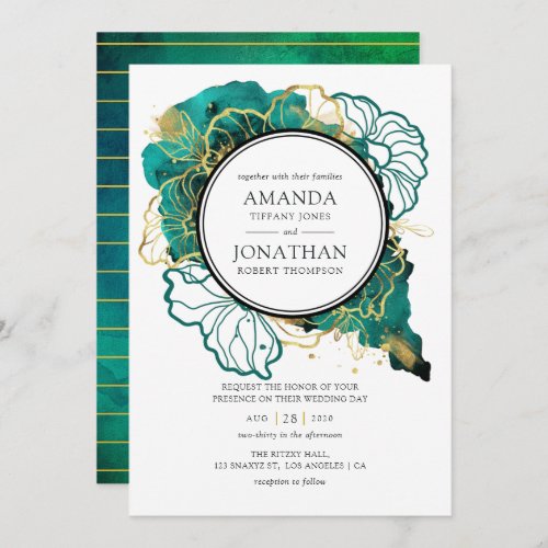 Modern Teal and Gold Abstract Floral Wedding Invitation