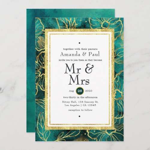 Modern Teal and Gold Abstract Floral Wedding Invitation