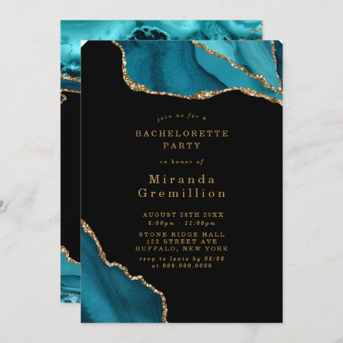 Modern Teal and Gold Agate Bachelorette Party Invitation