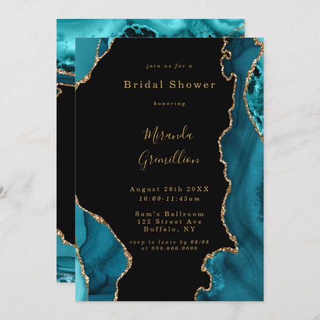 Modern Teal and Gold Agate Stone Bridal Shower Invitation (Front/Back)