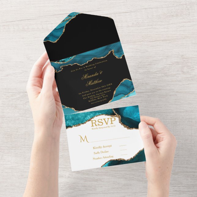 Modern Teal and Gold Agate Stone Wedding All In One Invitation (Tearaway)