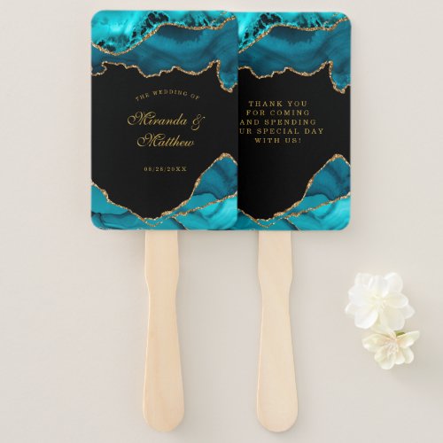 Modern Teal and Gold Agate Stone Wedding  Hand Fan
